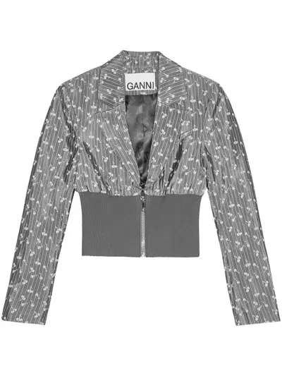 Ganni Jacquard Cropped Blazer In Grey