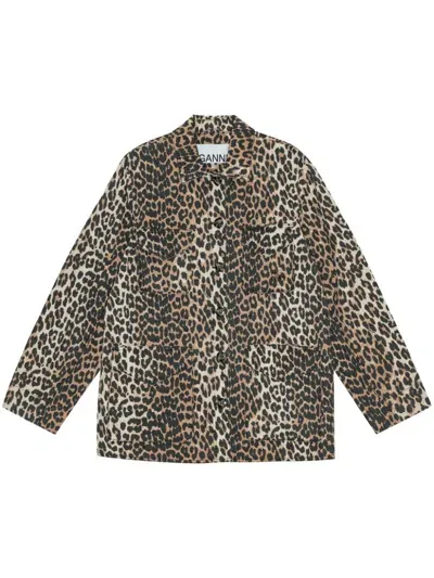 Ganni Leopard-print Canvas Shirt Jacket In Brown