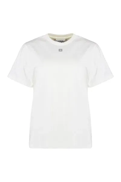 Ganni Logo Cotton T-shirt In Beige