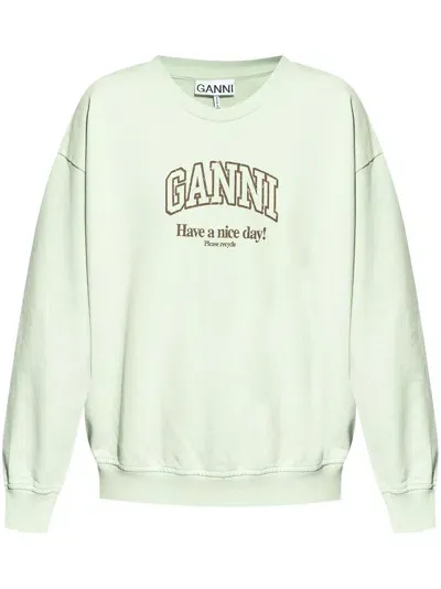 Ganni Logo-print Organic-cotton Sweatshirt In Verde