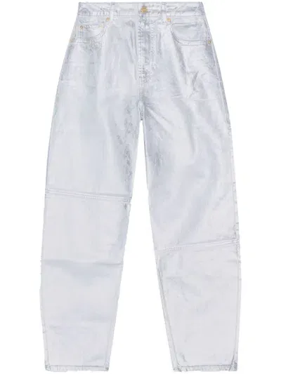 Ganni Metallic-finish Organic-cotton Tapared Jeans In Silver