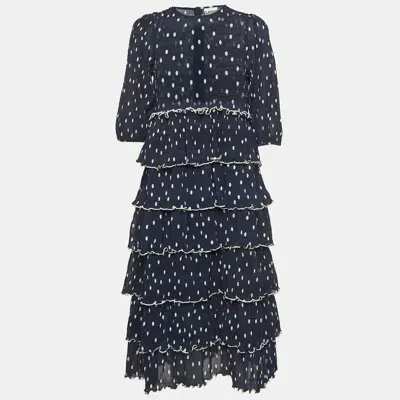 Pre-owned Ganni Navy Blue Polka Dot Pleated Crepe Tiered Midi Dress M