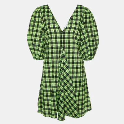 Pre-owned Ganni Neon Green/black Checkered Cotton Puff Sleeve Dress Xs