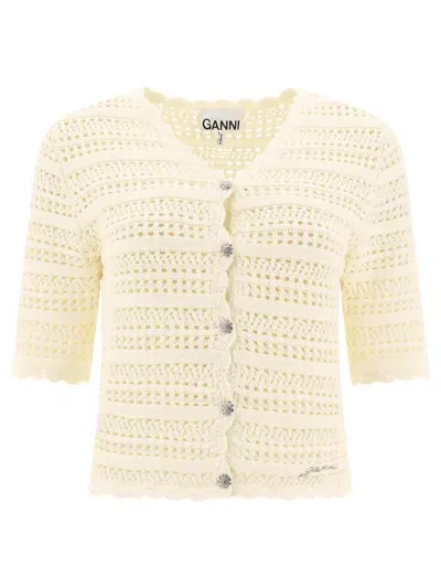 Ganni Pointelle Cardigan In Beige