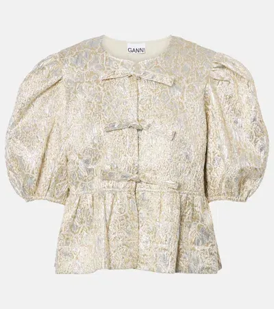 Ganni Puff-sleeve Brocade Top In Silver