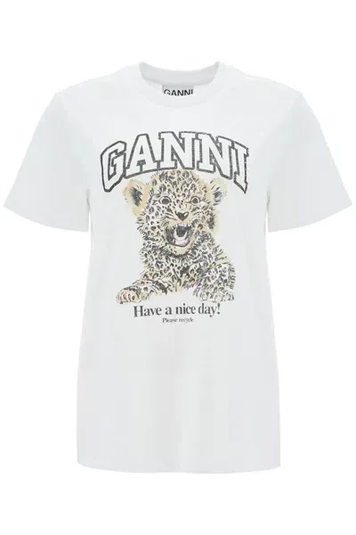 Ganni Relaxed Fit Printed T Shirt In White