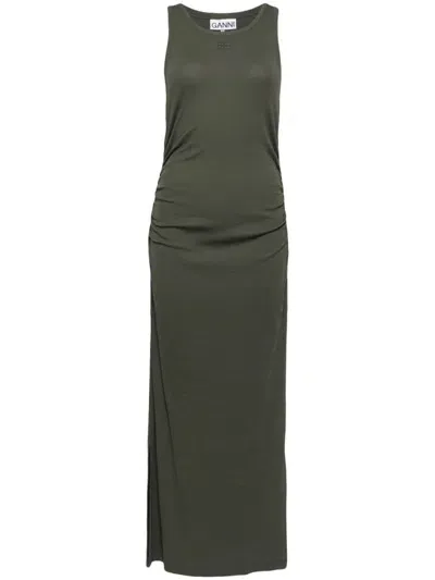 Ganni Rib Tank Top Long Dress In Green