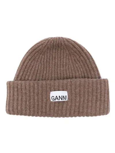 Ganni Ribbed Beanie In Brown