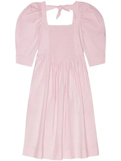 Ganni Ruched Ribbon-back Dress In Pink