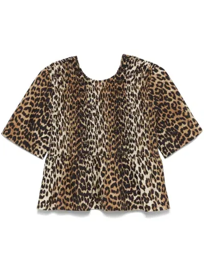 Ganni Smock Leopard Printed Blouse In Brown