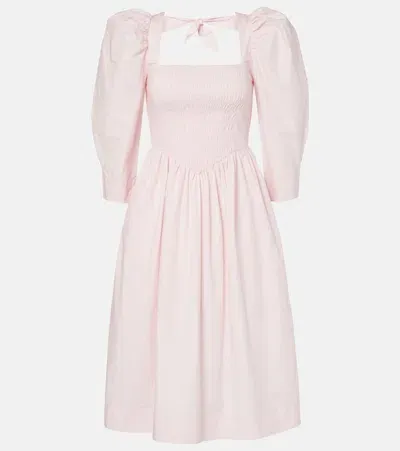 Ganni Smocked Cotton Poplin Midi Dress In Pink