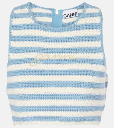 Ganni Striped Cotton Crochet Crop Top In Blue