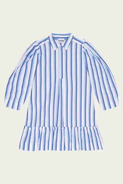 Ganni Striped Cotton Mini Shirt Dress In Silver Lake Blue