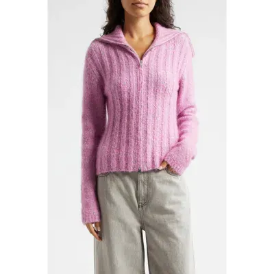 Ganni Tweed Rib Zip-up Sweater In Rose Violet