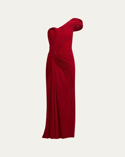 Gaurav Gupta Sculpted One-shoulder Jersey Gown In Red