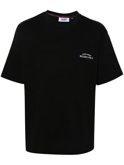 Gcds Logo-embroidered Cotton T-shirt In Black