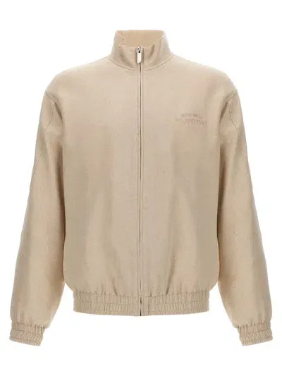 Gcds Linen Blend Logo Track Sweatshirt Beige