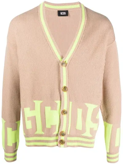 Gcds Logo-band Ribbed-knit Cardigan In Nude