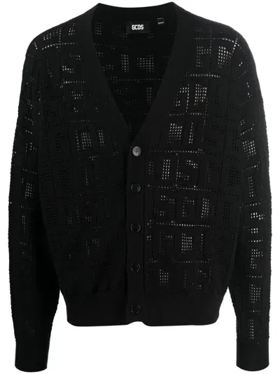 Gcds Monogram Macramé Cotton Cardigan In Black