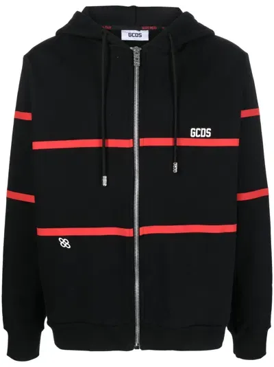 Gcds Stripe-print Zip-up Hoodie In Black