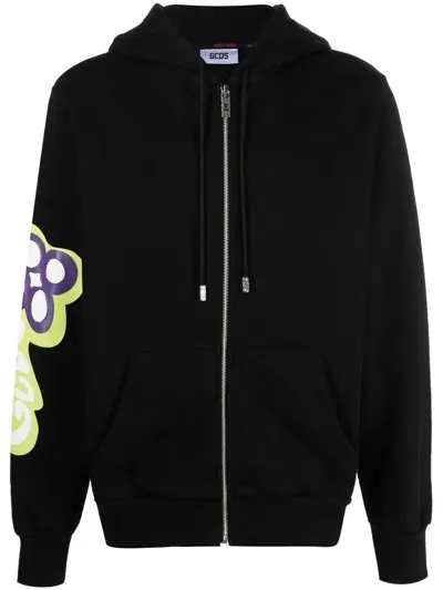 Gcds Zip-up Graphic Print Hoodie In Black