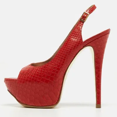 Pre-owned Gina Red Python Open Toe Platform Slingback Pumps Size 37