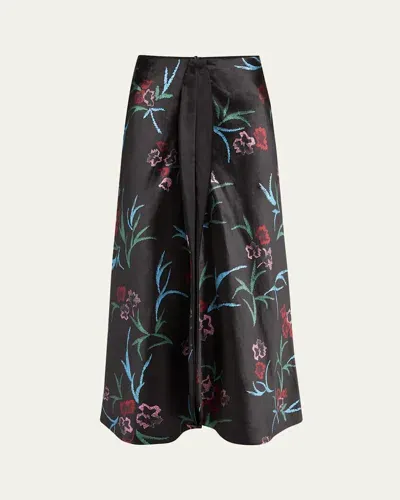 Giorgio Armani Floral Printed Maxi Silk Skirt With Pleated Center Panel In Blackmulti