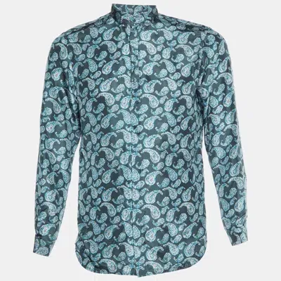 Pre-owned Giorgio Armani Green Paisley Print Silk Buttoned Up Shirt M In Blue