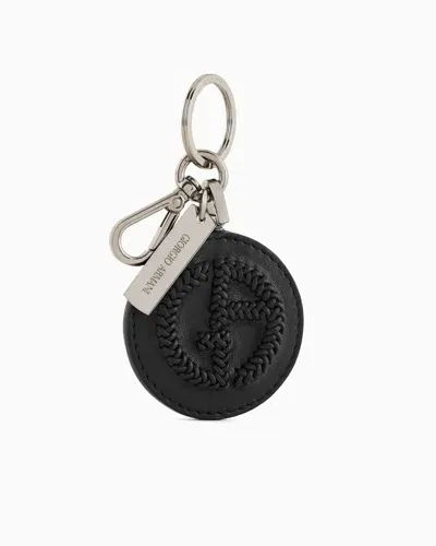 Giorgio Armani Nappa Leather Keyring With Embroidered Logo In Black