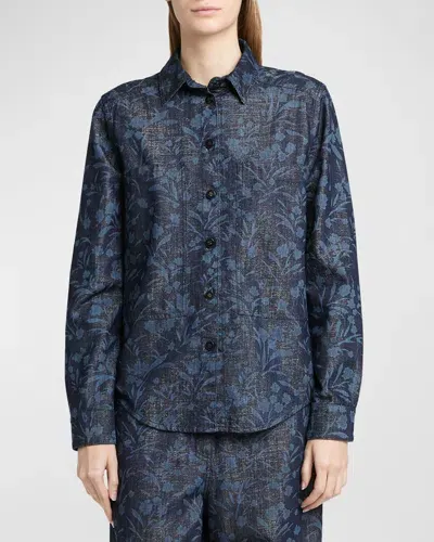 Giorgio Armani Official Store Denim Collection Shirt In Cotton, Viscose And Lurex Denim With Floral Motif In Pattern