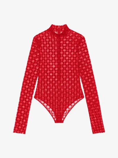 Givenchy Bodysuit In Monogram 72 Tulle In Red