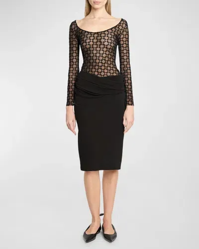 Givenchy Monogram Mesh Long-sleeve Draped Midi Dress In Black