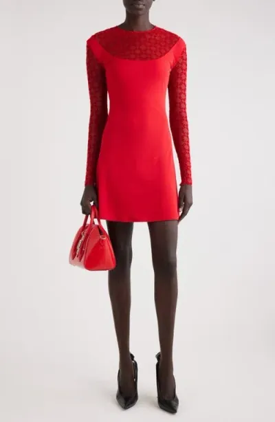 Givenchy Plumetis Long Sleeve Mixed Media Minidress In Red