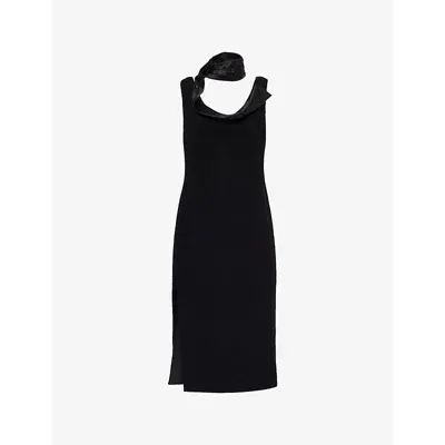 Givenchy Womens Black Swallow-collar Scoop-neck Wool-blend Boucle Midi Dress