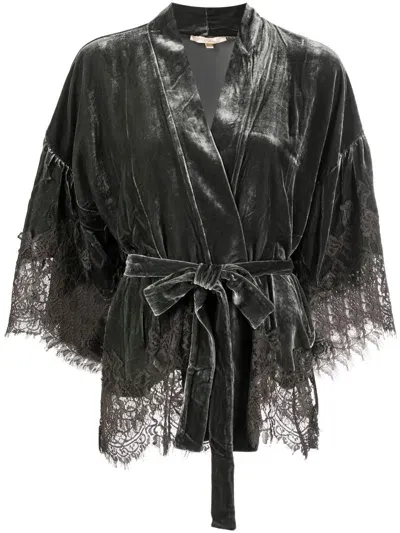 Gold Hawk Velvet Short Kimono In Grey