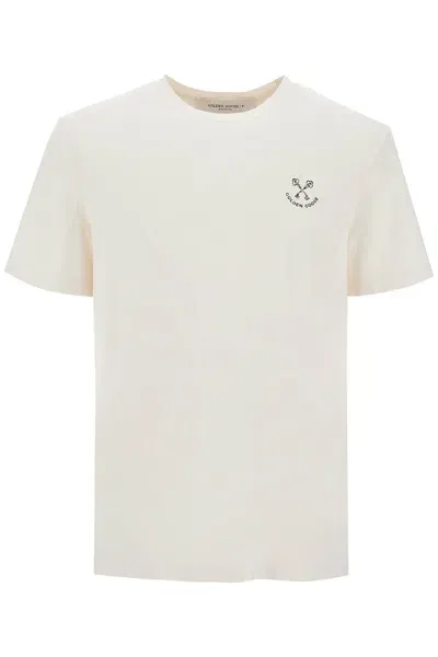 Golden Goose White Crewneck T-shirt With Logo Print In Cotton Man