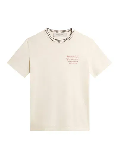 Golden Goose Women`s Worn-white Cotton T-shirt With Hand Embroidery