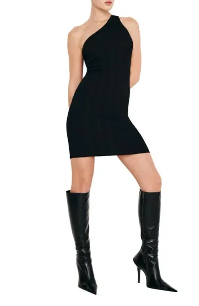 Good American One-shoulder Plissé Knit Minidress In Black001