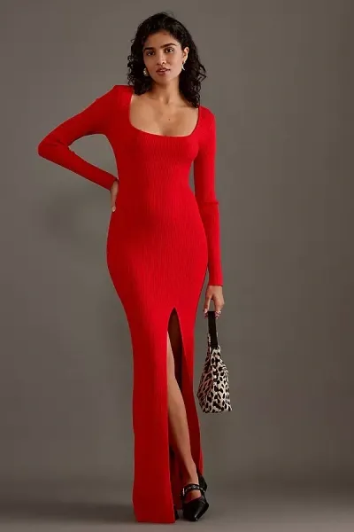 Good American Virgo Rib Knit Long-sleeve Maxi Dress In Red