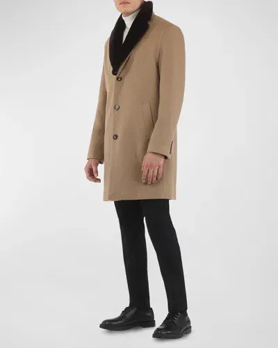 Gorski Men's Loro Piana Cashmere Short Coat With Detachable Lamb Shearling Collar In Camel/brown