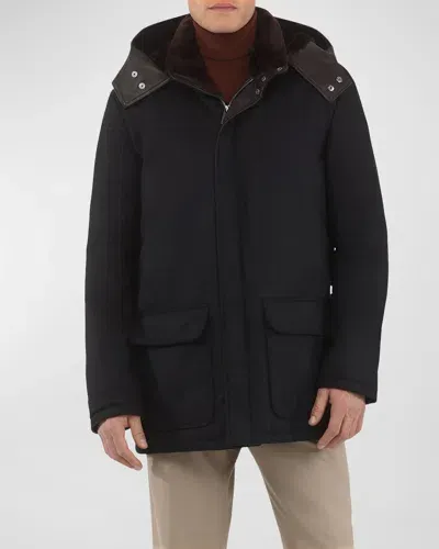 Gorski Men's Loro Piana Wool-cashmere Parka With Lamb Shearling Collar And Detachable Hood In Black/brown