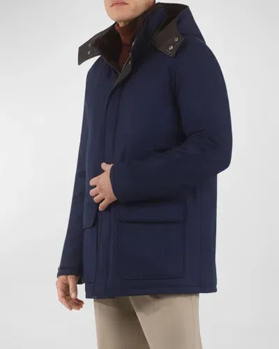 Gorski Men's Loro Piana Wool-cashmere Parka With Lamb Shearling Collar And Detachable Hood In Navy/brown