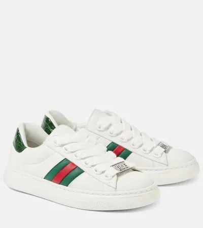 Gucci Ace Web Stripe Leather Sneakers In White