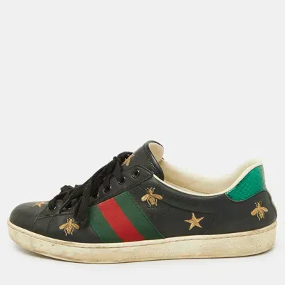 Pre-owned Gucci Black Bee & Star Embroidered Leather Ace Low Top Sneakers Size 42.5