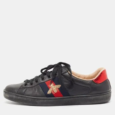 Pre-owned Gucci Black Leather Embroidered Bee Ace Sneakers Size 42.5