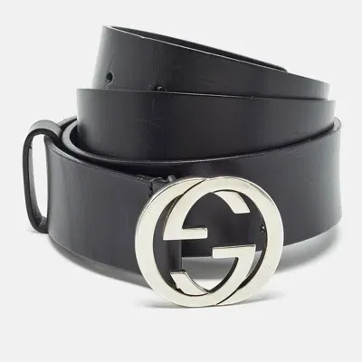 Pre-owned Gucci Black Leather Interlocking G Buckle Belt 100cm