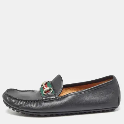 Pre-owned Gucci Black Leather Web Horsebit Slip On Loafers Size 40