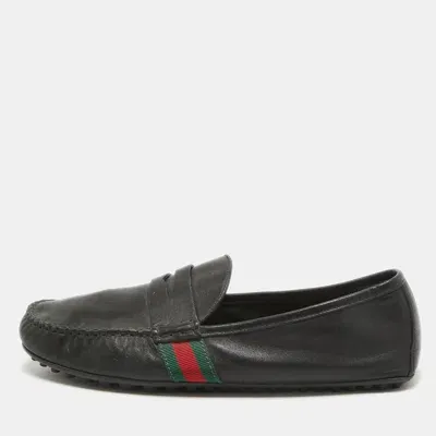 Pre-owned Gucci Black Leather Web Penny Loafers Size 42.5