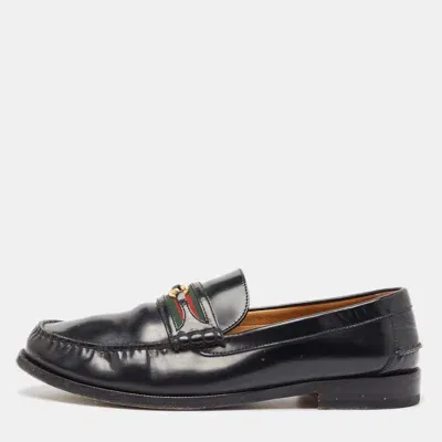 Pre-owned Gucci Black Leather Web Slip On Loafers 47.5