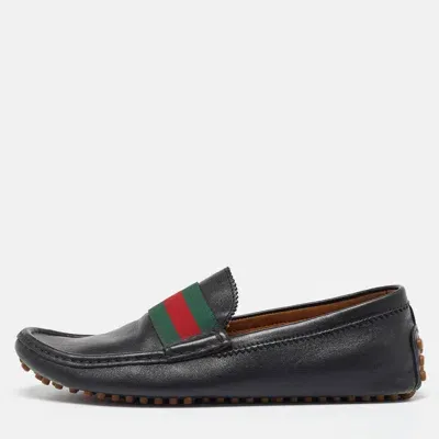 Pre-owned Gucci Black Leather Web Trim Slip On Loafers Size 41.5